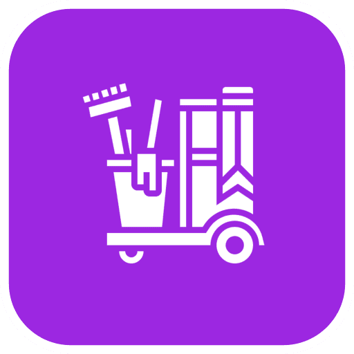 White cleaning tools on purple square